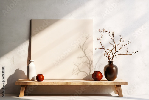Universal beige background with belts and vases. Boho style. Eco concept. Copy space.
