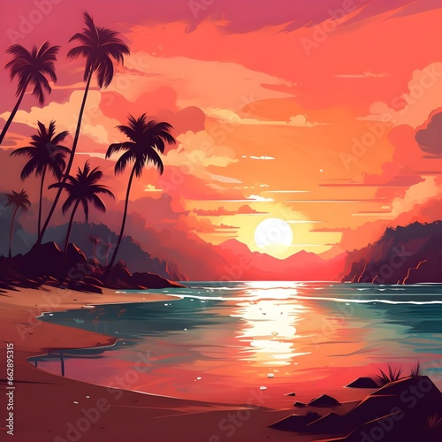 beach with palm trees and a beautiful sunset