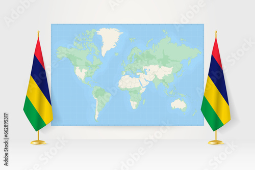 World Map between two hanging flags of Mauritius flag stand.