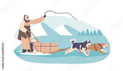 Eskimo Character Guiding A Dog Sled Through The Arctic Landscape, Epitomizing The Bond Between Humans And Canine