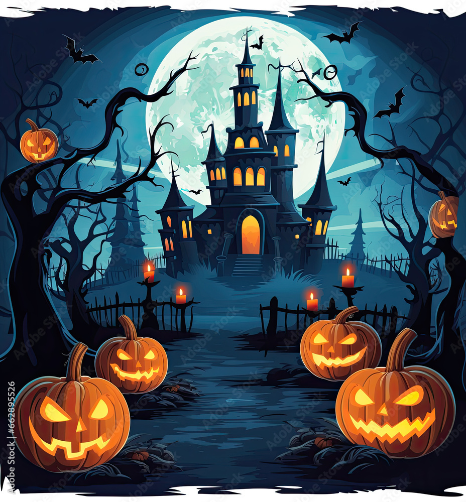 A Spooky Halloween House with Bats, Illustrated in Dark Sky-Blue and Dark Violet, Infused with Vibrant Cartoonish Details, Richly Detailed Backgrounds