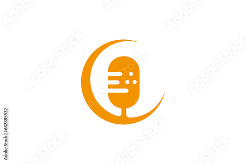Podcast microphone or vocal microphone logo with crescent moon combination in flat design style