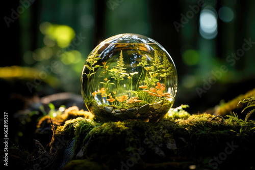 Crystal ball surrounded by lush forest symbolizing nature's beauty. 