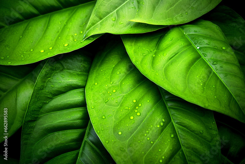 Macro photo of tropical green leaves. Plant leaf structure. Tropical background.