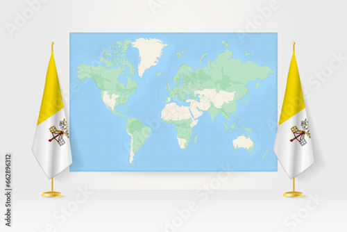 World Map between two hanging flags of Vatican City flag stand.