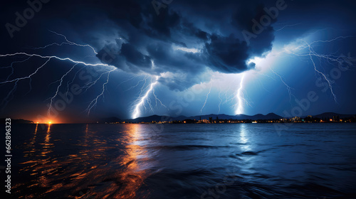 Lightning strike over the sea at night, natural disaster concept.