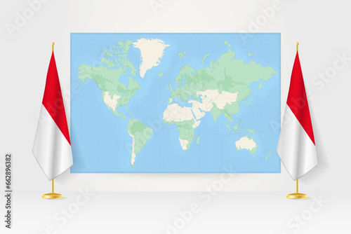 World Map between two hanging flags of Monaco flag stand.
