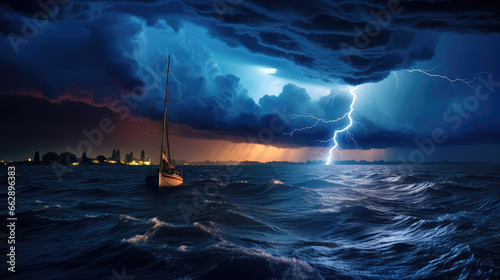 Storm over the sea with sailing boat and thunderstorm.