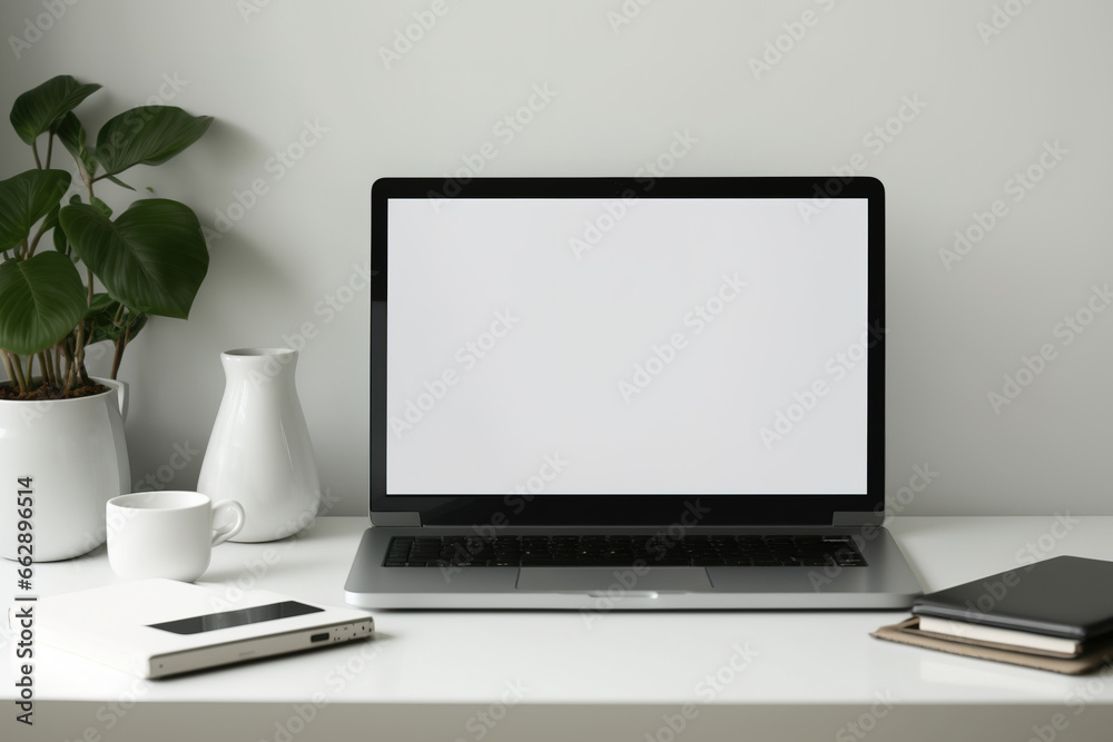Blank screen laptop in minimalist workplace with calculator, decorations, and copy space. Generative AI Blank screen laptop in minimalist workplace with calculator, decorations, and copy space. Generative AI