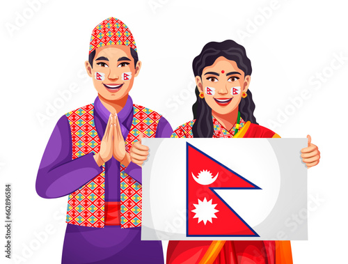 Nepalese couple in traditional dress showing the Nepal flag, celebrating Independence or Republic Day.
