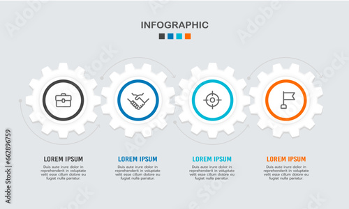 4 process infographics cogwheel for business to succeed. Strategy, planning, report, and diagram. Vector illustration.