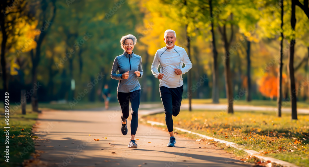 Fototapeta premium Senior couple running or jogging in a park in fall colors. Concept of health and fitness for mature or older people. Shallow field of view with copy space.