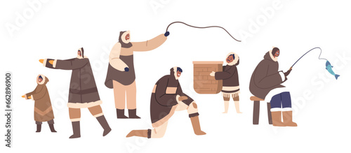 Eskimos People Isolated On White Background. Traditional Lifestyle Centered Around Hunting, Fishing, Vector Illustration