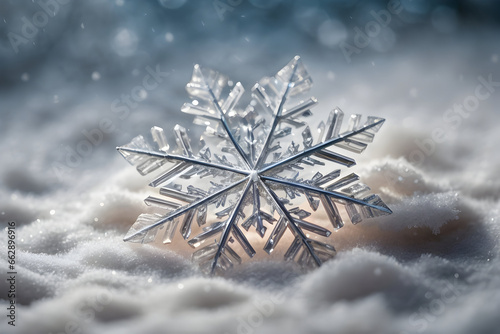 A delicate snowflake, with intricate patterns and glistening crystals, resting gently on a blanket of freshly fallen snow..