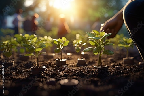 Person planting trees or working in community garden promoting local food production and habitat restoration, concept of Sustainability and Community Engagement photo