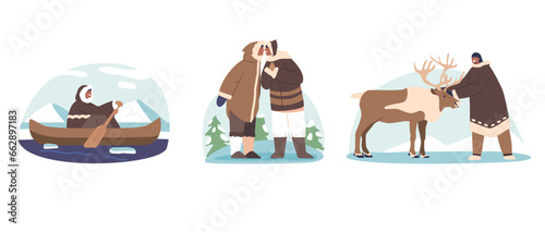 Eskimo Characters Riding Boat, Greeting each other with Nose-to-nose Touch, Caress Reindeer Isolated Elements