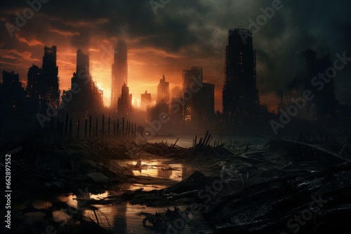 Devastated Apocalypse city dark. Street war smoke. Generate Ai
