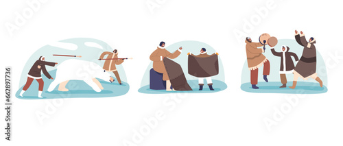 Eskimo Characters Hunting, Sewing Garments For Warmth, And Dancing With Captivating Rhythms, Inuit People Culture