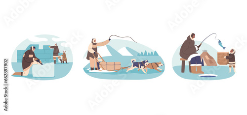 Eskimos, Or Inuit People, Live In The Arctic, Relying On Ice Fishing, Hunting, And Communal Living, Riding Dogs Sled