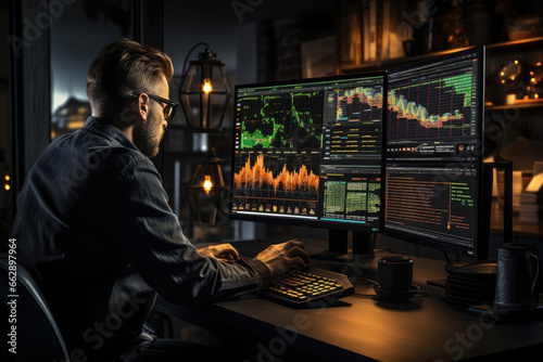 A person investing in global stocks through an online trading platform, participating in the global financial market. Concept of global stock investment. Generative Ai.