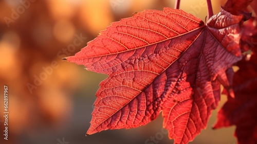 A close-up of a single  intricately veined wild grape leaf  its vivid red tones making a bold statement against the autumn backdrop.
