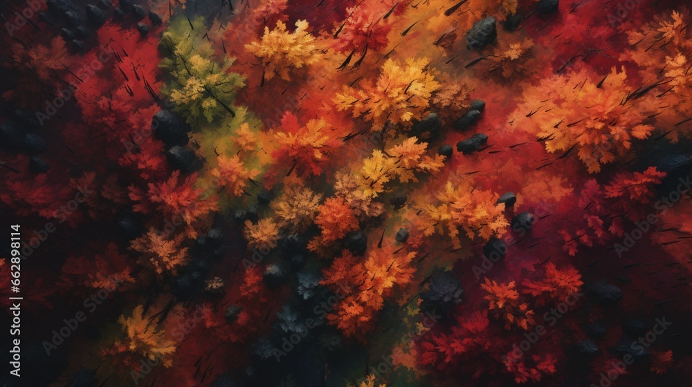 A mesmerizing aerial view of a dense forest, its canopy ablaze with the fiery reds of wild grape leaves, painting an autumnal masterpiece.