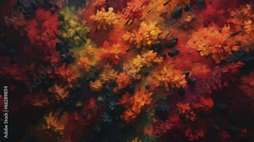 A mesmerizing aerial view of a dense forest, its canopy ablaze with the fiery reds of wild grape leaves, painting an autumnal masterpiece. © SAJAWAL JUTT