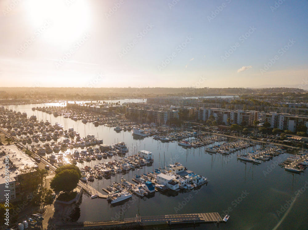 Aerial drone views of the marina in Marina Del Rey, California in the