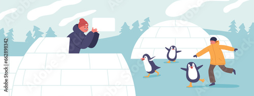 Joyful Children Frolic With Penguins And Building Igloo, Their Laughter Echoing In A Winter Wonderland Camp, Vector