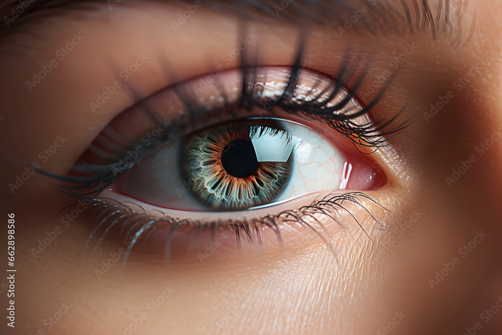 Obraz premium Macro photography of pupil with iris of female eye with large eyelashes mascara painted