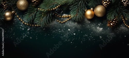 Merry Christmas  festive celebration holiday holidays greeting card - Gold ornaments   christmas baubles balls  pine branches and cones   on dark green table background  top view flat lay