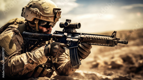 United States Navy special forces soldier in action with assault rifle on mission