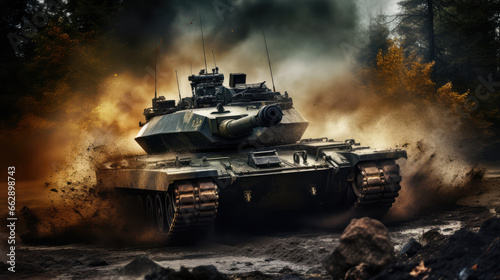 Armored tank in combat on battlefield, a powerful military weapon.