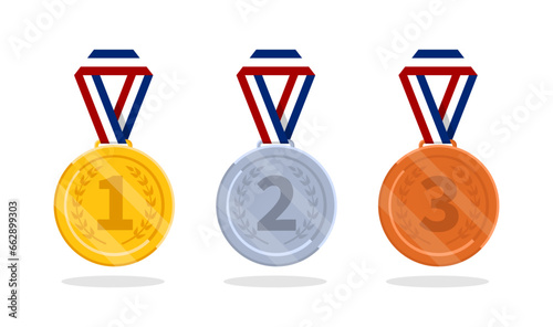 Flat gold, silver and bronze medal icon. 1st, 2nd, 3rd place award ribbon for winner. Trophy reward for competition. vector