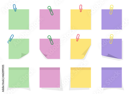 Paper sticky notes set. Curled memo sheets attached with push pin. Yellow, green, pink sticker for message, schedule reminder, school notice. vector illustration.