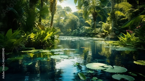 A serene pond surrounded by a lush garden, with reflections of the surrounding tropical leaves on the water's surface.
