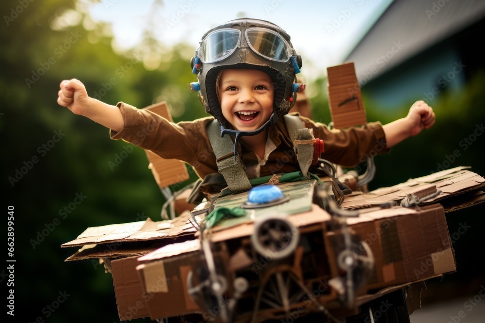 child boy play as a pilot while controling paprt cardbox airplane handmade aircraft playing cun cosplay costume casual relax playrole of a happiness child boy lifestyle - obrazy, fototapety, plakaty 