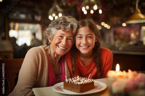 grandmother with her nephew girl celebrate happy birthday cake greeting happiness party together in living room at home  photo