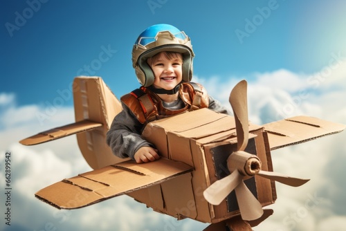 child boy play as a pilot while controling paprt cardbox airplane handmade aircraft playing cun cosplay costume casual relax playrole of a happiness child boy lifestyle photo