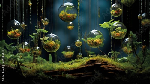  a group of glass balls floating in the air over a moss covered ground.  generative ai