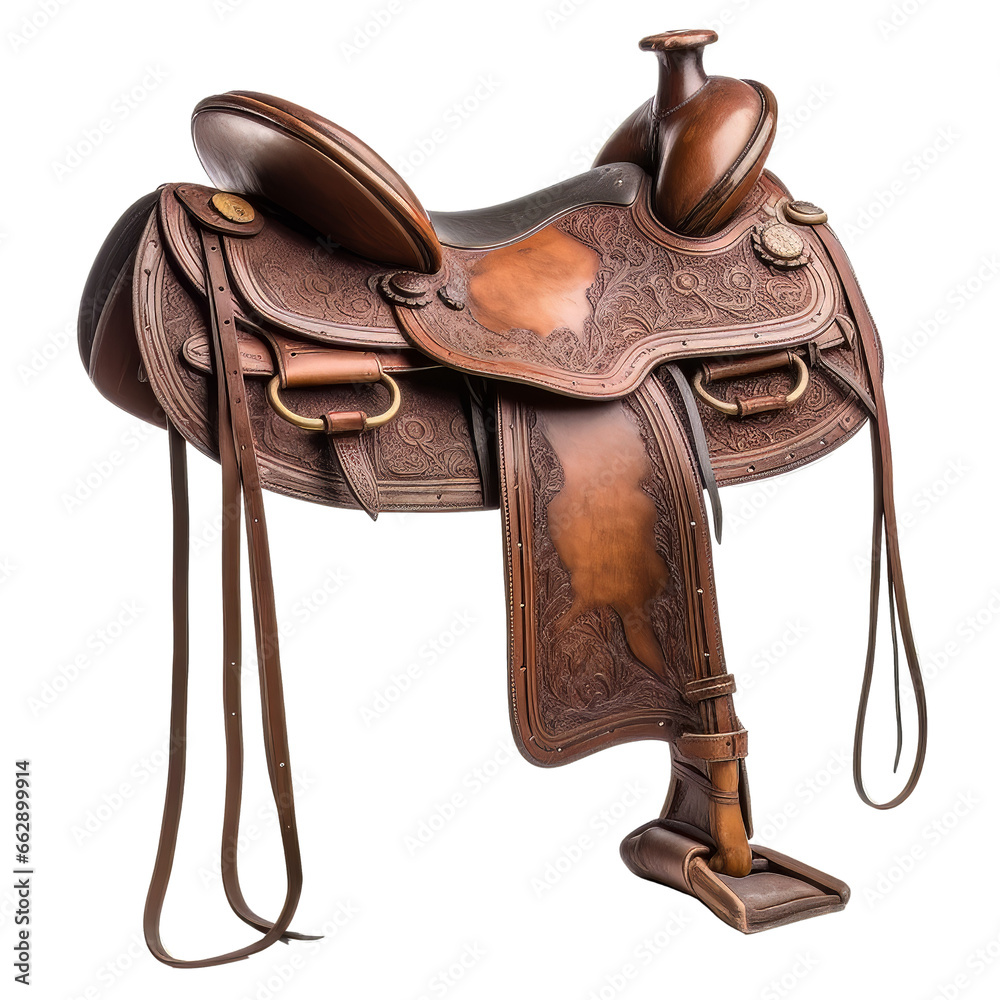 Vintage leather saddle cutout on transparent background. Stock