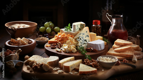 Different types of cheese on wooden table, closeup. Dairy products. Generative AI technology.
