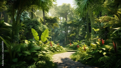 A tranquil garden filled with various tropical plants  showcasing an array of different leaf textures and shades of green.