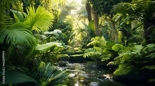 A tranquil garden filled with various tropical plants  showcasing an array of different leaf textures and shades of green.