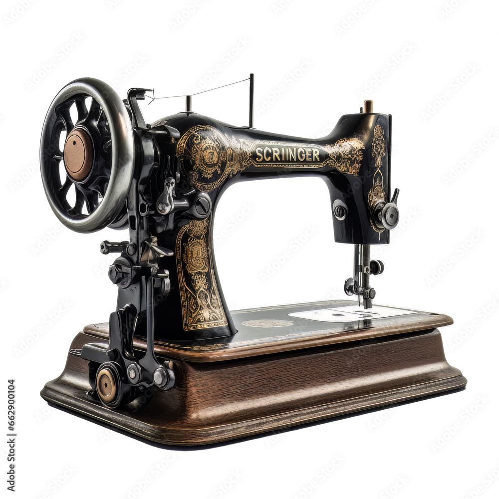 Vintage style singer sewing machine isolated on transparent background.