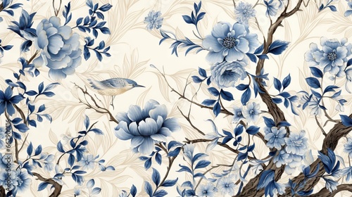  a blue and white floral wallpaper with a bird on a branch. generative ai