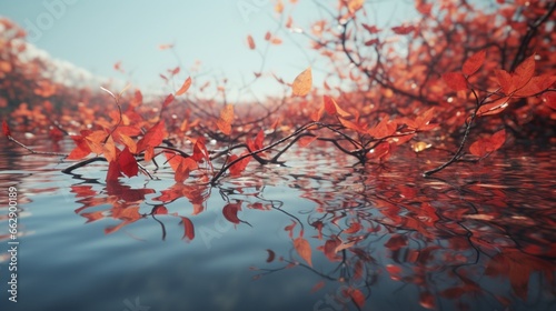 A tranquil pond surrounded by wild grape vines  their red leaves mirrored in the still water  creating a serene autumn reflection