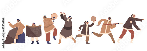 Inuit People Culture, Lifestyle and Traditions Scenes in Arctic Environment. Eskimo Characters Hunting, Sewing
