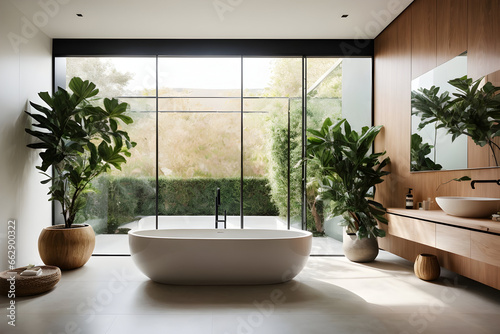 A sleek and minimalist bathroom with a standalone bathtub and shower, featuring a long sink and a vibrant ficus plant Generative Ai. © Naveen