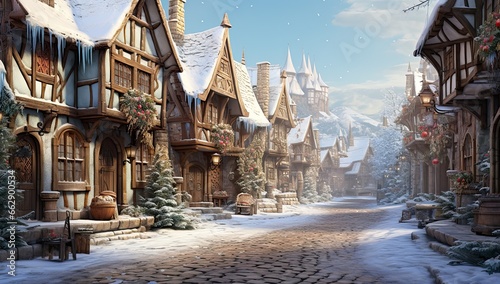 Coloured Christmas town streets with snow on the road
